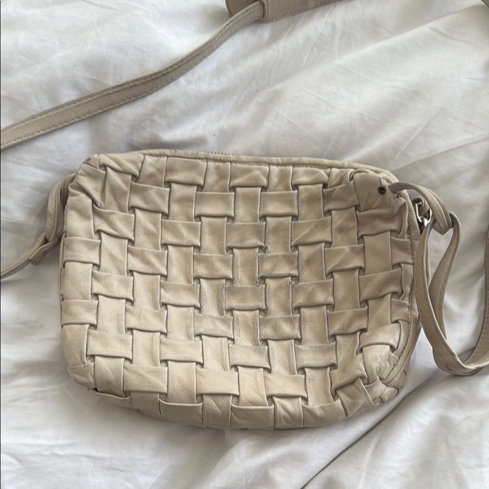 Cream Woven Crossbody Bag with Basket-Weave Design